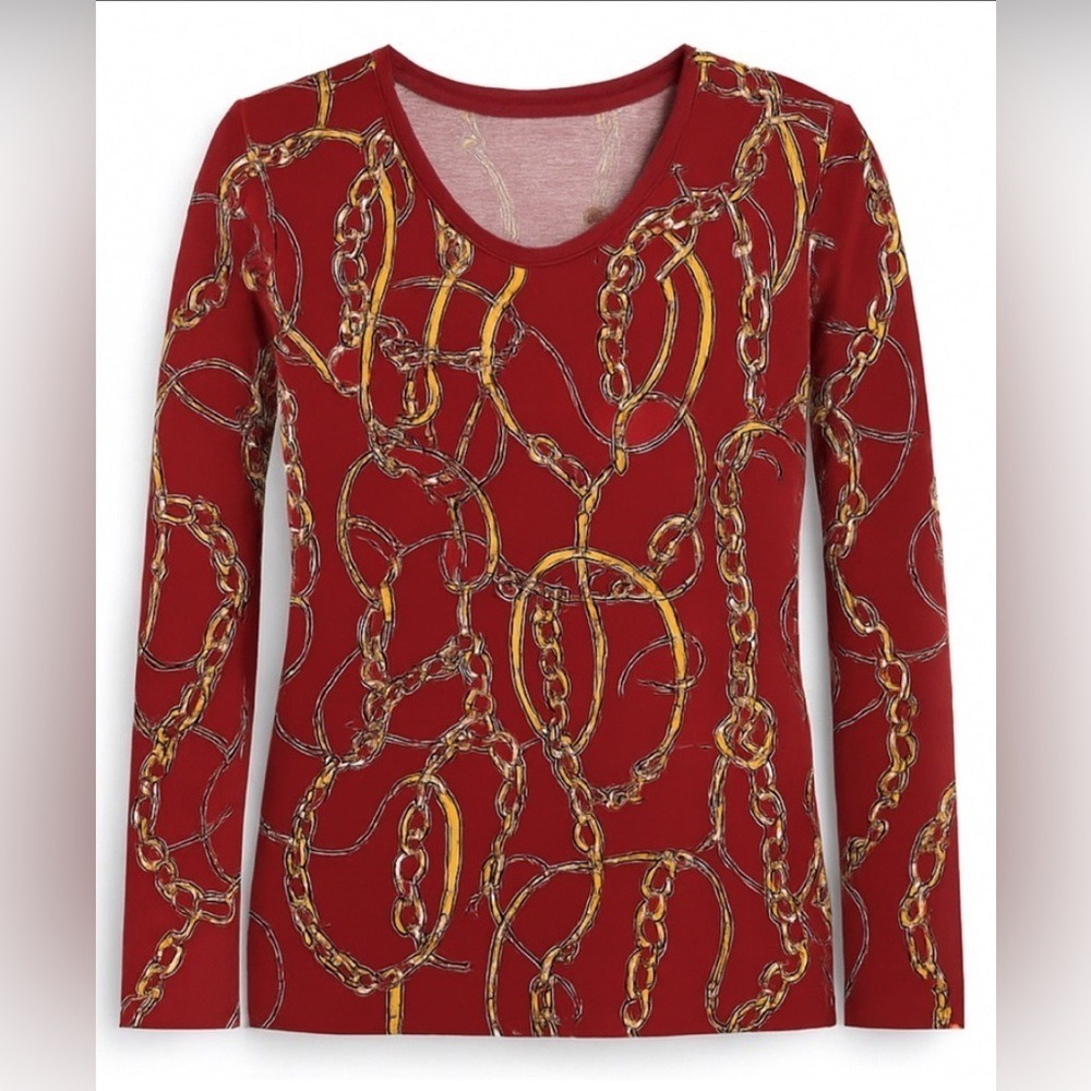 Talbots Red Gold Equestrian Chain Print Top Small Old Money Preppy Long Sleeve